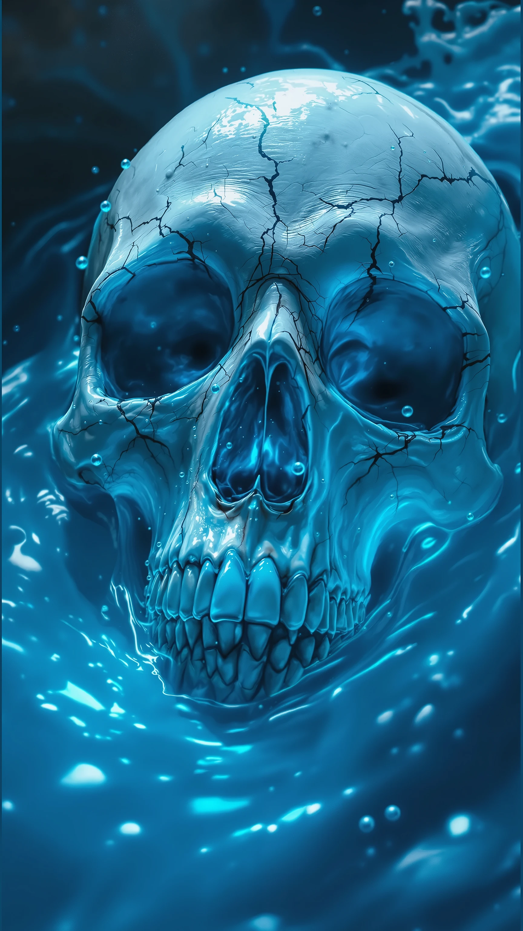 A **hyper-realistic, cinematic masterpiece** of a **white skull sinking into a pit of blue slime**, captured from a **low-angle perspective** to emphasize the **depth and eerie immersion** of the scene. The **skull appears battered and weathered**, with **cracks, scratches, and worn surfaces**, telling a **silent story of its past** as it slowly disappears beneath the **vibrant, semi-translucent blue slime**.