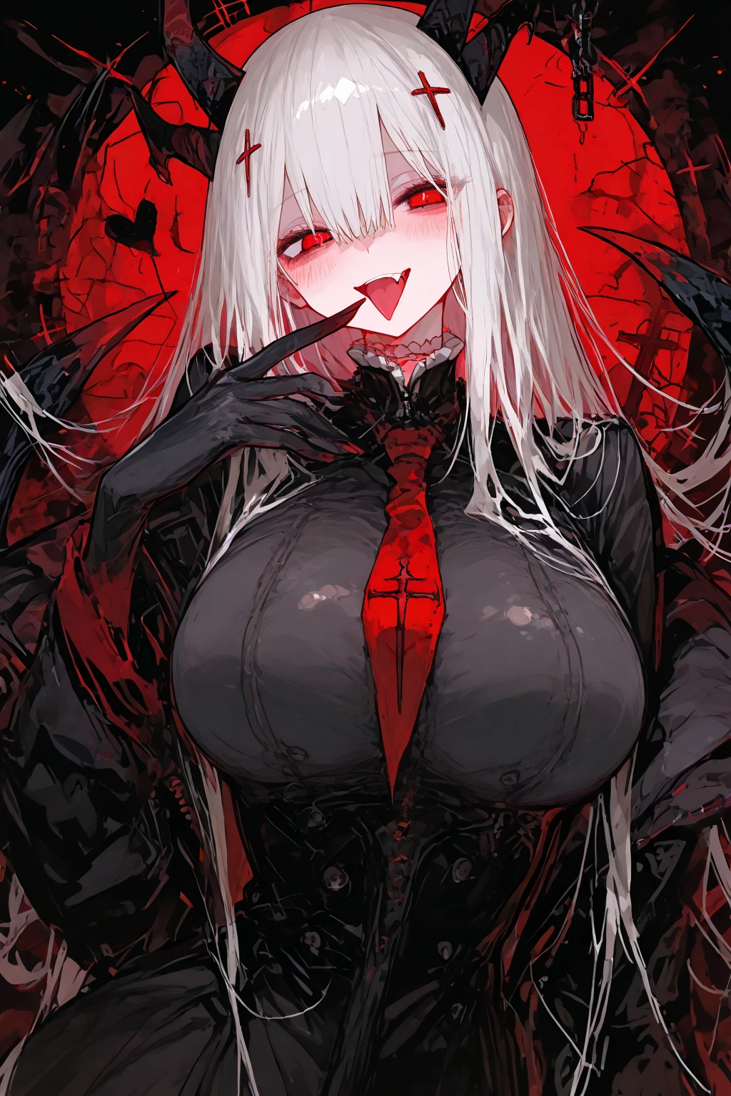 Stunning girl, erotic expression, white hair, big breasts, wide hips, slim body, black business robe, (Black and white, sketch), black background, hentai, simple poster, ((negative space)), ((black bangles over her face)) ((face covered by bandages)) ((black bandages)) ((the black bandages only covering her eyes)) ((large hips and butt)) ((giant spider arms coming out of her back)) ((black demonic horns))