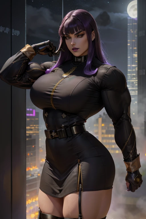 ((Close-up)), tall, violet purple hair, beautiful muscular woman, long hair with long bangs, pale white skinned, closed smile, (black lipstick), (massive muscles), (hyper muscle), (((ginormous bulky muscles))), black eyes, ((((black latex long sleeve pencil dress)))), choker, (in a bedroom balcony)