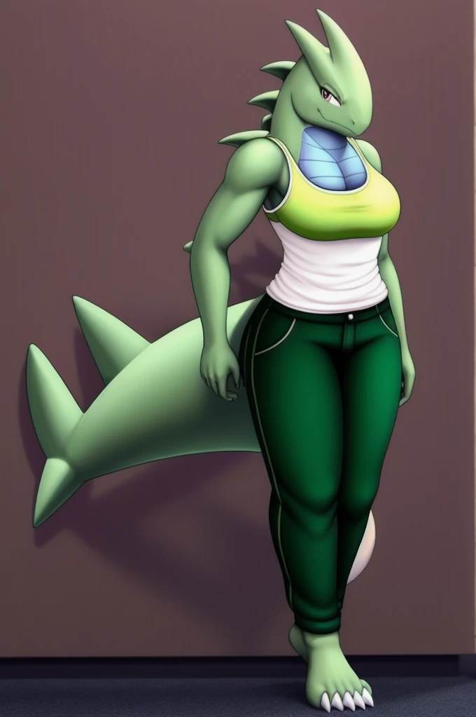alone, woman, scaly, Lots of black spots、scale、Green Eyes, Lizard, Reptiles、teeth、Long Tongue、Blue Tongue、Green skin, Fine hand、Long nails、Glasses、 Her large breasts are visible through her clothes、Pink training wear、tights、sneakers、slender、Active