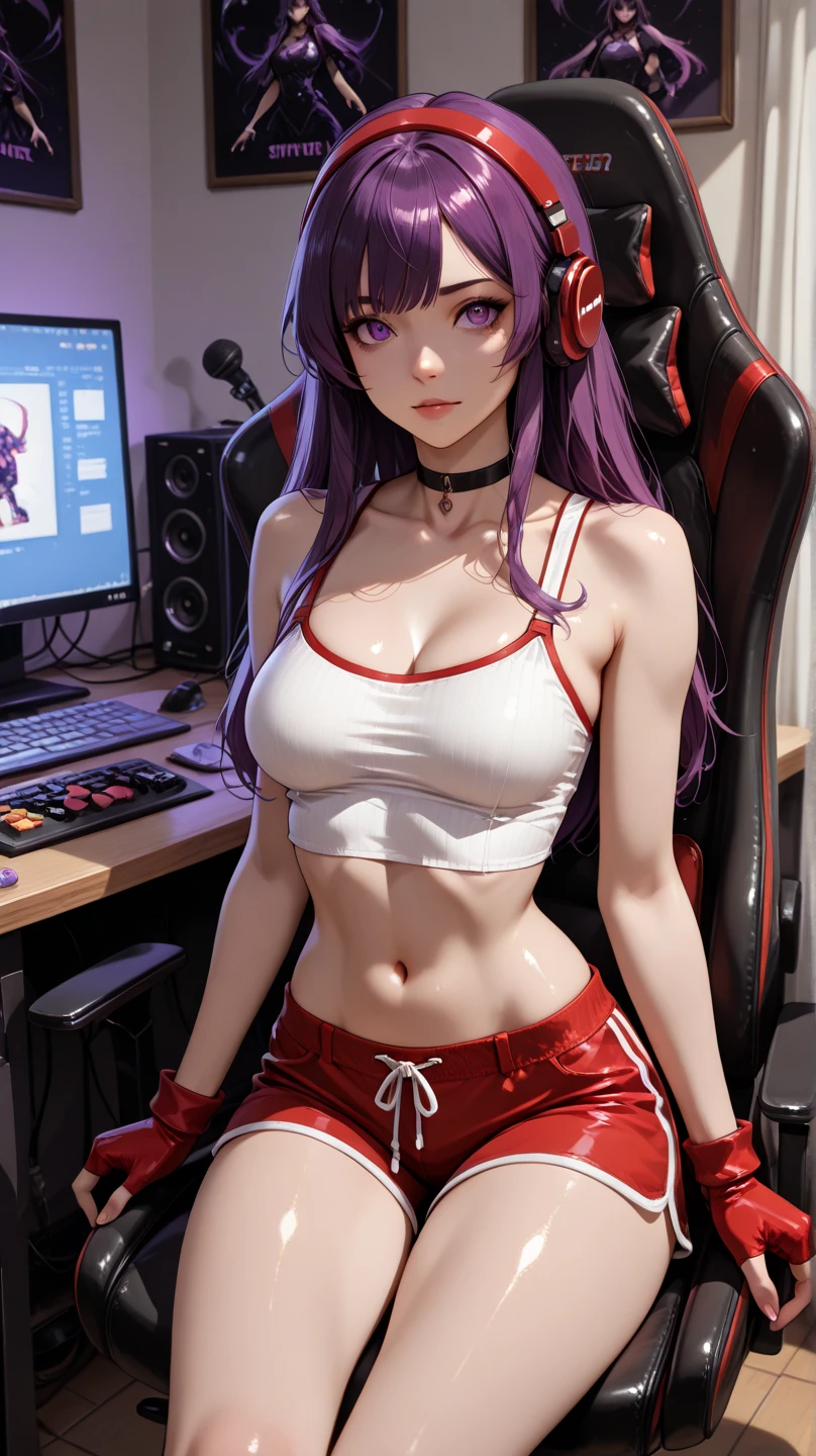 Create a masterpiece-quality image of a happy 18-year-old girl with a heart tattoo on her right shoulder. She has long purple hair and blue eyes, wearing a black navel crop top and jean shorts, emphasizing her slender build and impressive bust of 85. She is sitting in a gaming chair, slouched comfortably with a smile, holding a gaming controller. The girl has chain accessories and a black wristband on her wrist, along with gaming headphones. The background should be a visually stunning, neon-colored room featuring a gaming PC, gaming desk, gaming chair, and gaming bed, with a gaming console. Use high-quality, detailed artistry to bring out the depth of the scene