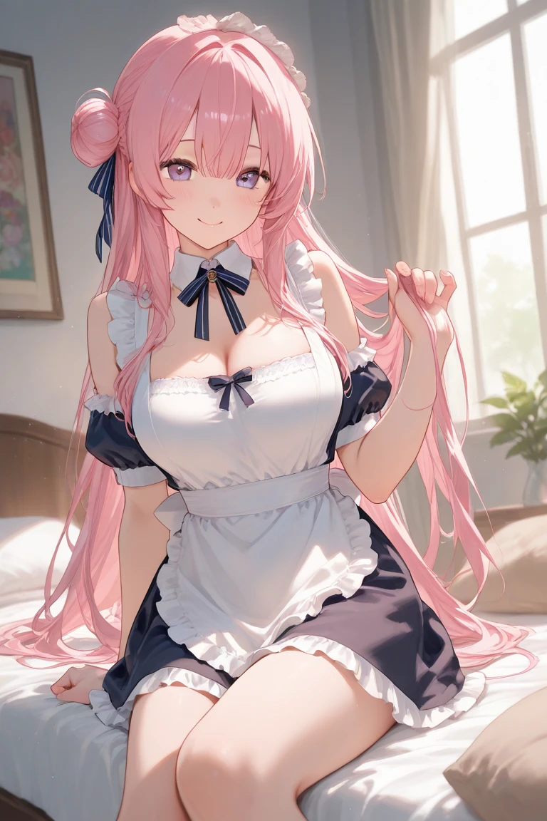 (masterpiece), (high quality), (8k resolution), (best quality), (masterpiece:1.5), ((anime)), vibrant details, 1girl, (cute:1.2), beautiful, high-quality and detailed face, perfect face, (pink hair:1.4), rosy cheeks, detailed eyes, (blue eyes),colorful eyes,(watery eyes),nsfw,, slender body, looking at viewer, closed mouth, shiny skin, big breasts, cleavage, ((maid uniform)), sitting, bed, straddle, horny facial expression,