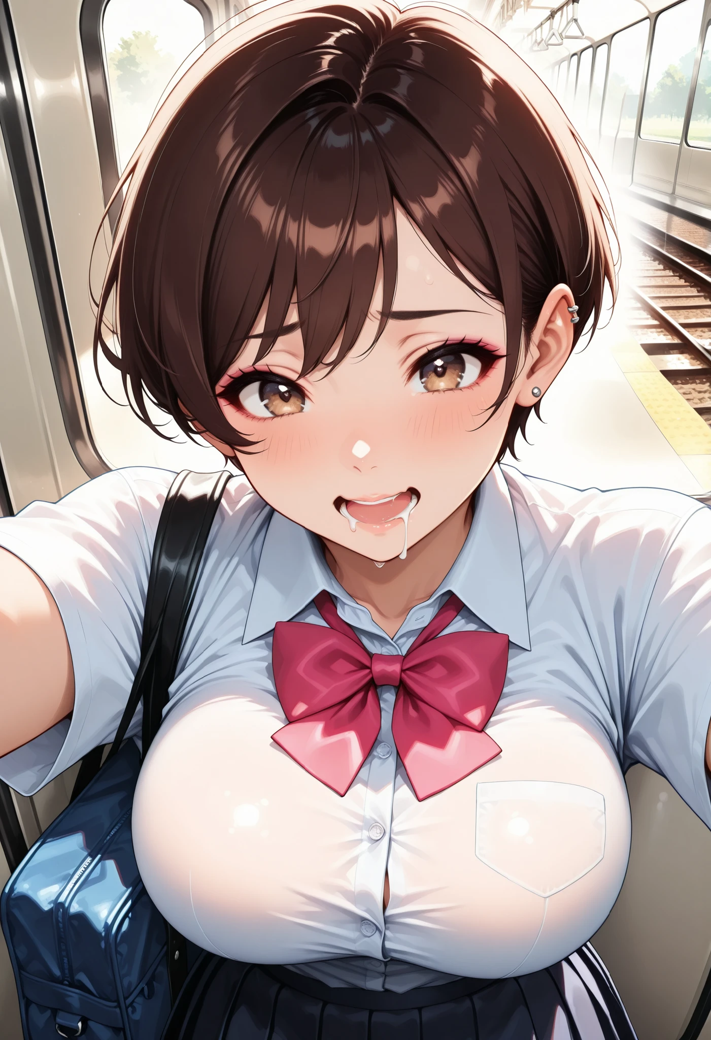 htm,1 woman, cool school girl:1.2, Dance Motion, school bag, Brown hair from above, Pixie Cut, Big breasts, (torogao, drool, excitement), perfect body, shirt, Bowtie, pleated skirt, Delicate decoration, piercings, Inside the Train, warm light, brightly colored, Photogenic, super high resolution, (top quality, very detailed, CG illustration, SOFT FOCUS, masterpiece, Best Aesthetics),