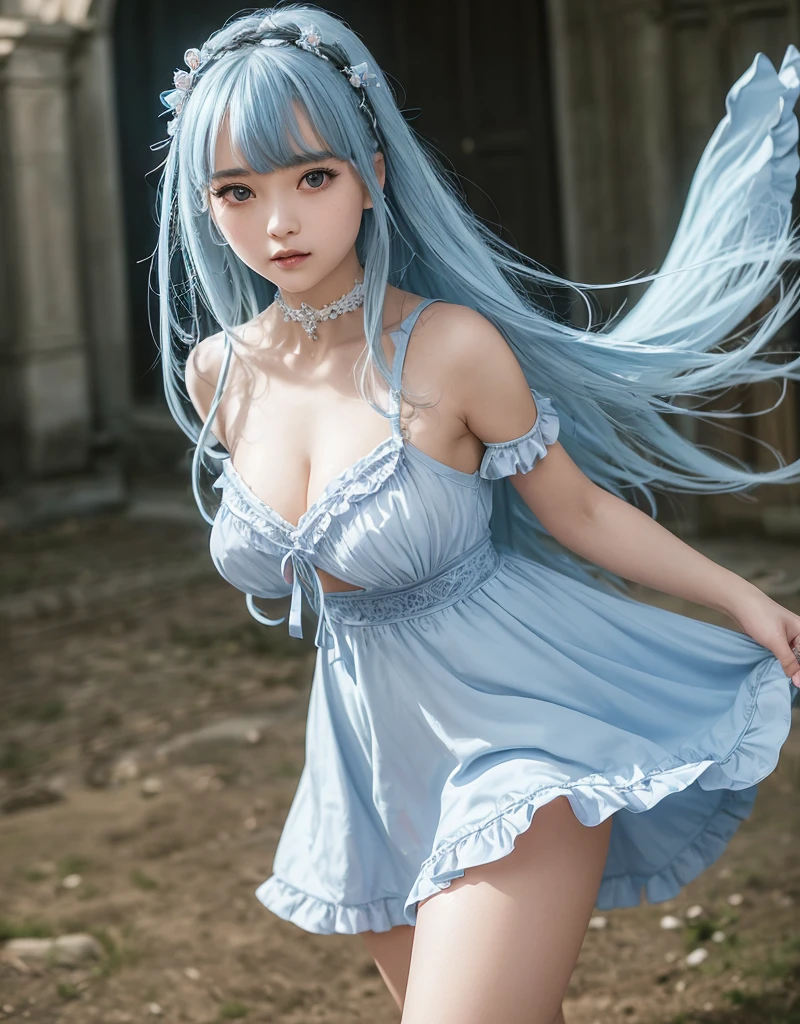 Light blue hair、blue eyes、girl、Lady、Braiding、I have long hair、girl、White one piece dress、smile、Vertical Roll、Sitting、palace、Reservoir
