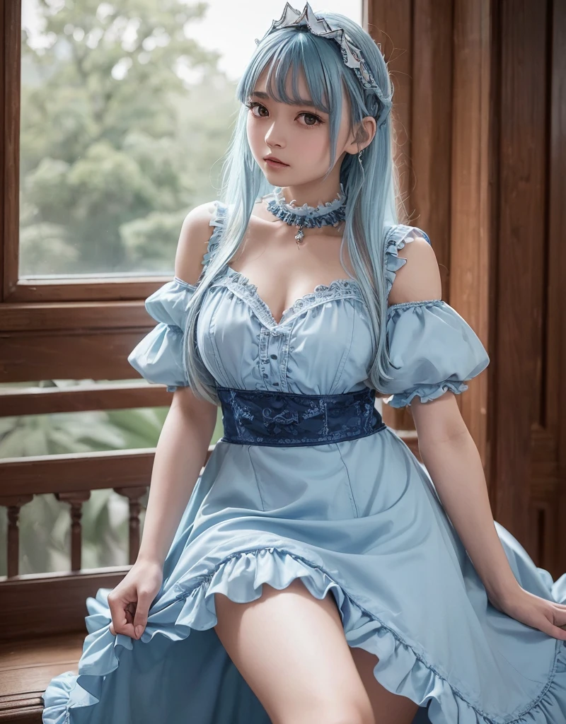 (masterpiece、highest quality、Every detail，Great lighting，Shallow depth of field)(One girl,alone)(pretty girl，Blue long dress，The dress has a loose fit，Expose your shoulders，Sleeveless，Grey Bob、Beautiful medium sized breasts，Beautiful cleavage，thin and white legs、White skin)(Remains、Dilapidated building、Collapsed wall)(close)(Picture from the waist up、Sexy model posing)
