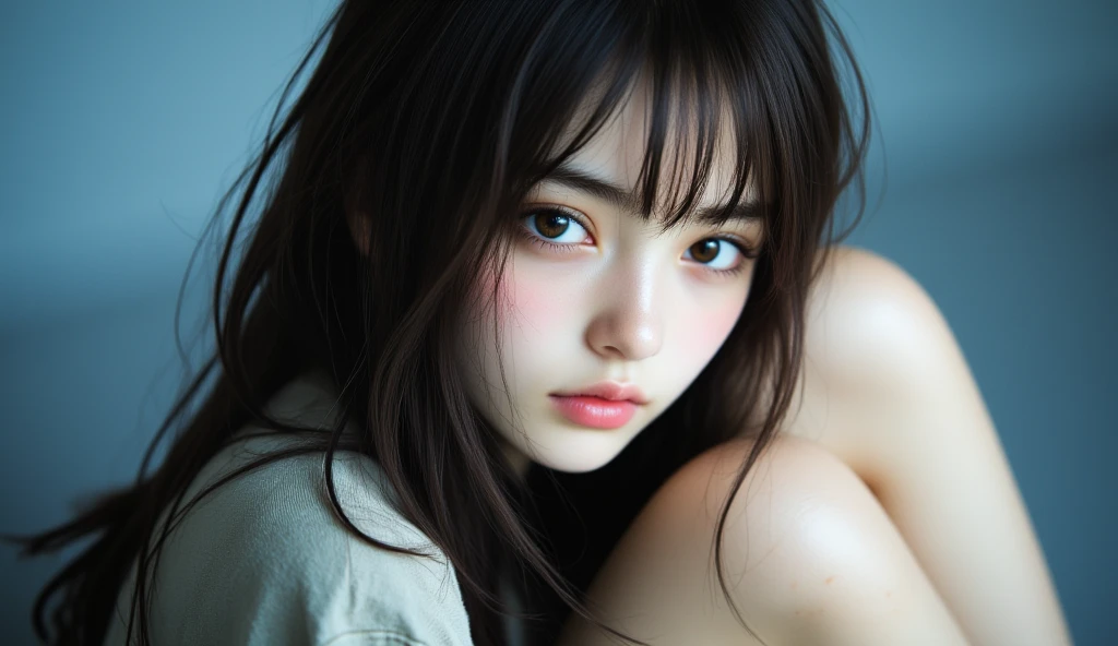 anime style. girl crying with her cheek resting on her hand as she cries. medium length air and big eyes. good anatomy 