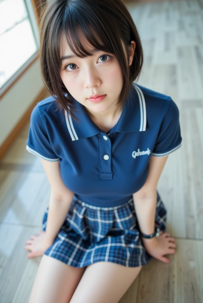 Japanese、18-year-old high school girl、Black polo shirt、Grey pleated mini skirt、Crouching