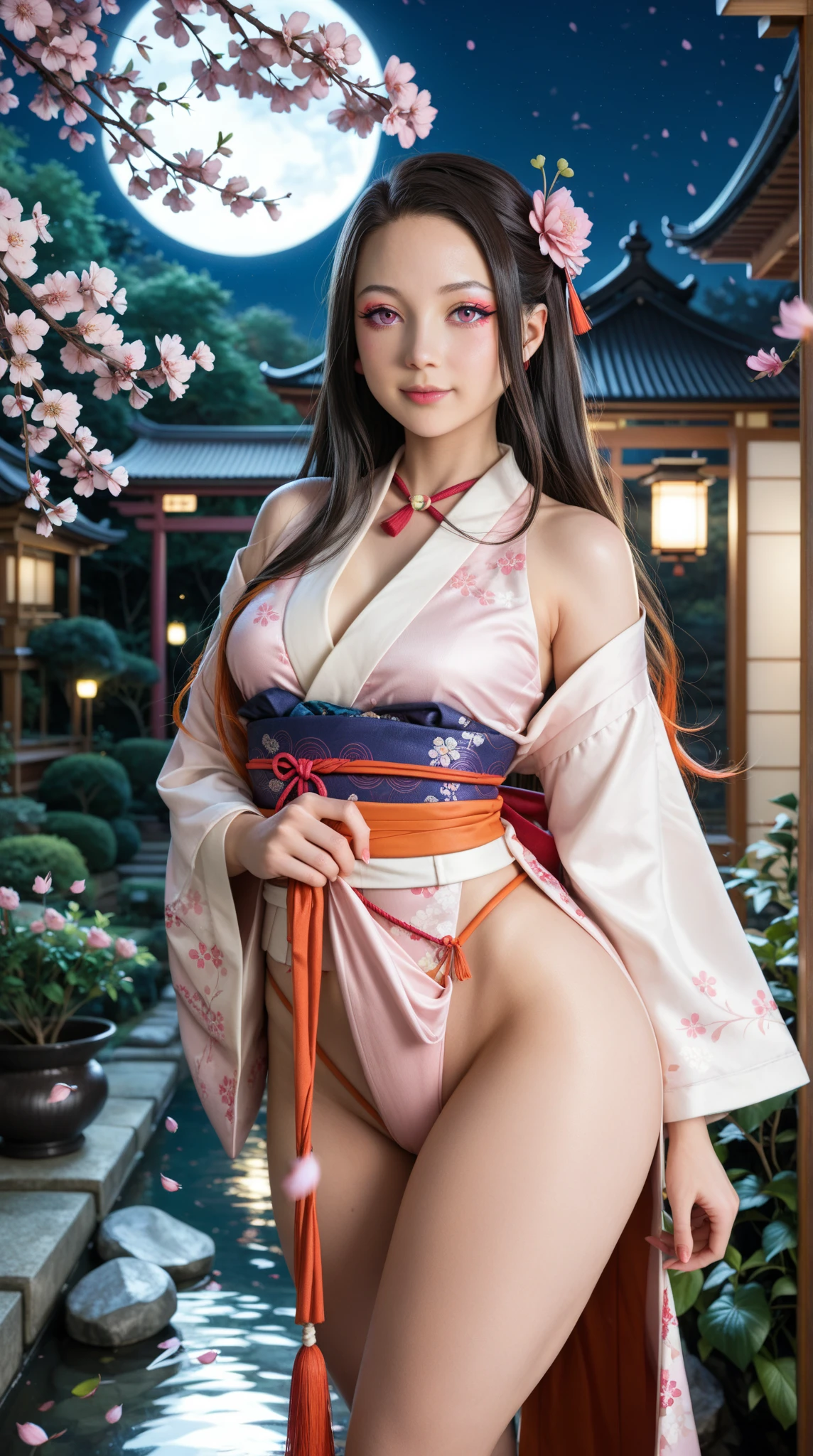 (Purple kimono)、(top-quality,masterpiece:1.3,超A high resolution,),(ultra-detailliert,Caustics),(Photorealsitic:1.4,RAW shooting,)Ultra-realistic capture,A highly detailed,high-definition16Kfor human skin、 Natural Skin Texture、、The skin looks healthy with an even tone、 Use natural light and color,One Woman,japanes,kawaii,A dark-haired,very big hair,(depth of fields、chromatic abberation、、Wide range of lighting、Natural Shading、)、(Cherry blossoms in the air:1.2)、(Hair swaying in the wind:1.2)、(Cherry blossoms reflect light:1.1)、Cleavage can be seen through the exposed kimono、Legs visible through exposed kimono(Red garter belt、Crotch visible through exposed kimono、Kneel, spread your legs and look up、(Hair swaying in the wind:1.2)、 Background with: Castle at night、Perfect anatomical body proportions、Legs open and thighs open:2.8、small red micro panties、Panty shot from below、garterbelts、Facing forward、 M-shaped legs:2.8、wide open the crotch、Bend your knees、(Legs wide open)、Open your thighs、lift your butt to the limit、Yellow water drips from genitals