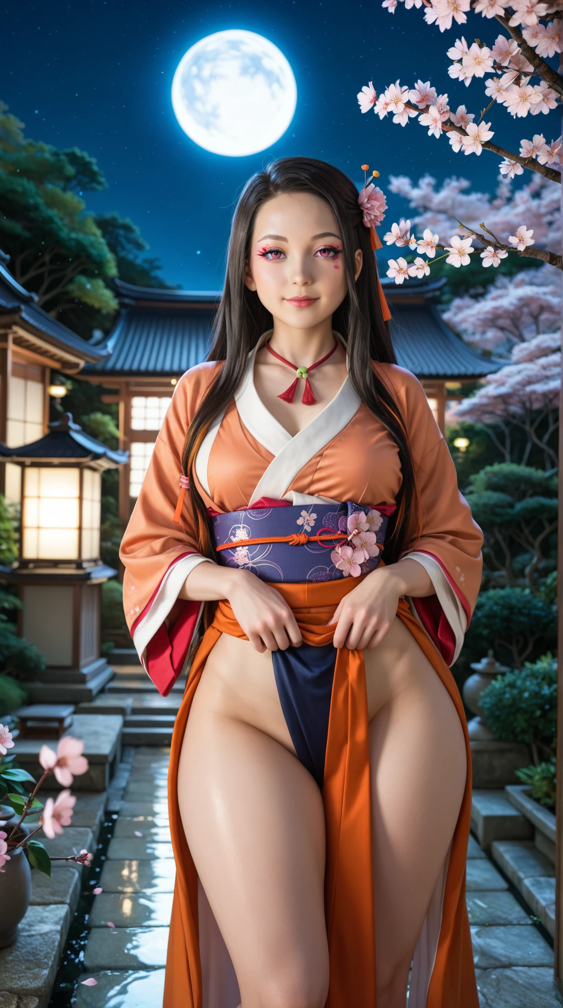 (Masterpiece), 1girl, high quality, best quality, extremely detailed eyes, extremely detailed body, blush, highly detailed, Nico robin, one piece, arc wanokuni, black hair, blue eyes, looking at viewer, smile, closed mouth, 1girl, black floral kimono, long kimono, upper body, eyewear on head, hair slicked back, big breasts, plumpy body, detailed background, outdoor, sky, (ultra detailed), (8k, intricate), (85mm), light particles, lighting, full body, (highly detailed:1.2), (gradients), sfw, colorful, (detailed background), (rule of third_composition:1.3), (Line of action:1.2), daylight, solo, sexy posing., show nipples, show vagina, spread legs.