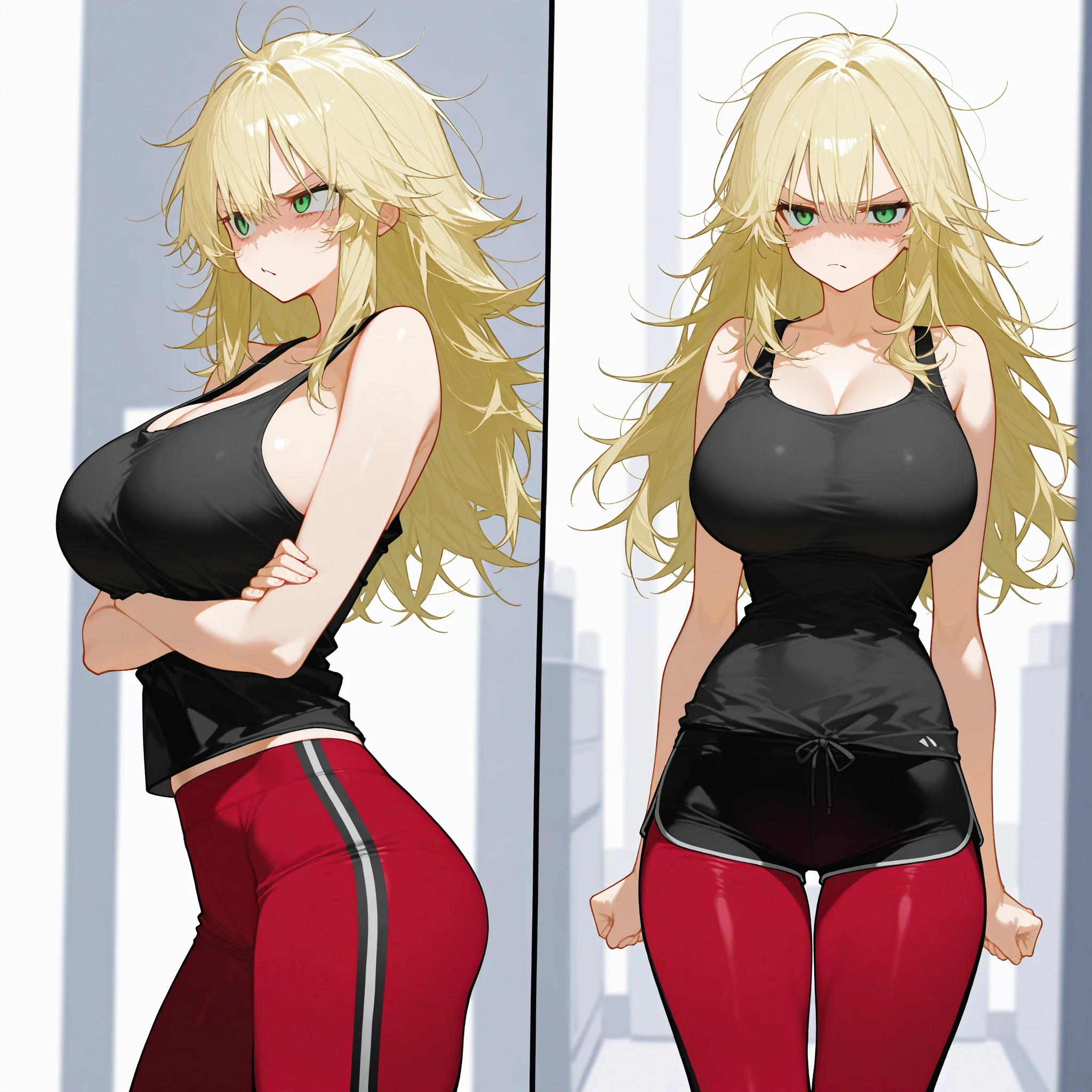 blonde woman, blue eyes, off-the-shoulders beige sweater, black tight fitting pants, red hairband, White tank top underneath sweater. long blonde hair.
