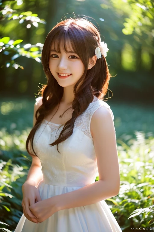 (Highest quality、masterpiece、8k、Best image quality、Award-winning works)、1 female、A walk in the park、Elegant white lace blouse、See-through blouse、Perfect Makeup、The biggest smile is looking at me、Perfect beautiful teeth、Perfect Anatomy、Close-up of face、Blurred cherry blossoms in full bloom,、big grass park、Refreshing atmosphere、very bright and vivid、Beautiful eyes in ultra-high resolution、Ultra high resolution perfect beautiful teeth、Ultra-high definition beauty face、Ultra HD beautiful hair、standing elegantly