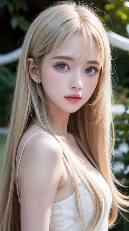 1 girl, 14 years old, solo, super long hair, huge , Looking at Viewer, very beautiful bright blonde hair, Very beautiful bright light blue big eyes、very big eyes、small face beautiful girl、Very white, young and bright skin、cheek gloss highlight、bare shoulders, jewelry, long bangs between the eyes、whole body, (Highly detailed 8K wallpaper), soft lighting, high quality, film grain, Fujifilm XT3 sharp focus, F 5.6, high detail, Tits sharp focus,(natural light), (Close-up:1.2), (seductive tits), off shoulder t-shirt, Reality, sexy、shy and bright look