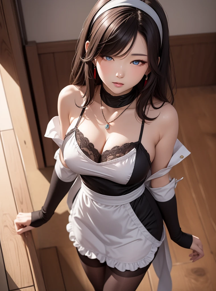 Sexy woman, black hair, single braid, seductive look, pink big lips parted, deep blush, flustered, beautiful long neck, collarbone, medium chest, cleavage, wide hips, thick thighs, beautiful legs, incredibly thick, perfect body, voluminous