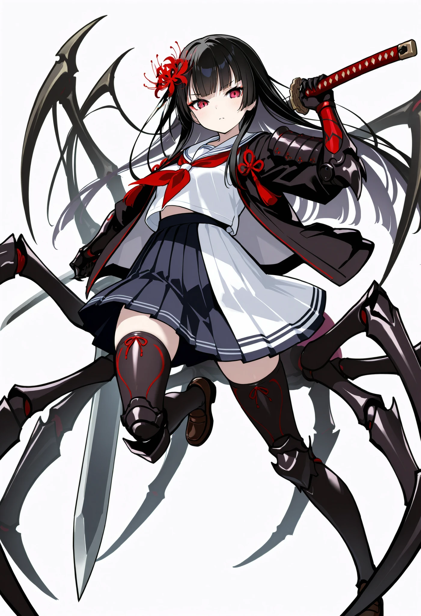 Arachne Girl. Black hair. Straight bangs. Long hair. Red spider lily hair accessory. White Japanese school uniform. Black Japanese kimono jacket. Black spider legs. Armored arms. Sharp claws. Weapon held: Sword.