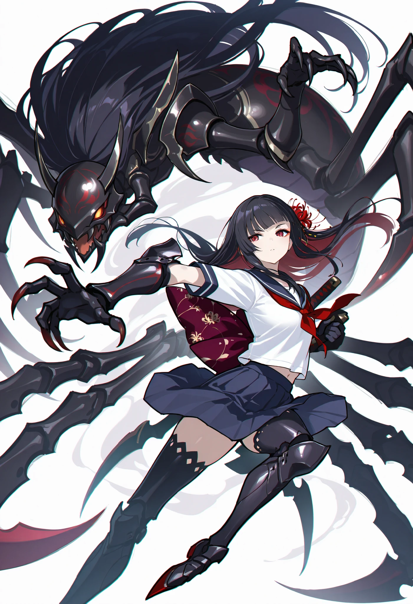 Arachne Girl. Black hair. Straight bangs. Long hair. Red spider lily hair accessory. White Japanese school uniform. Black Japanese kimono jacket. Black spider legs. Armored arms. Sharp claws. Weapon held: Sword.