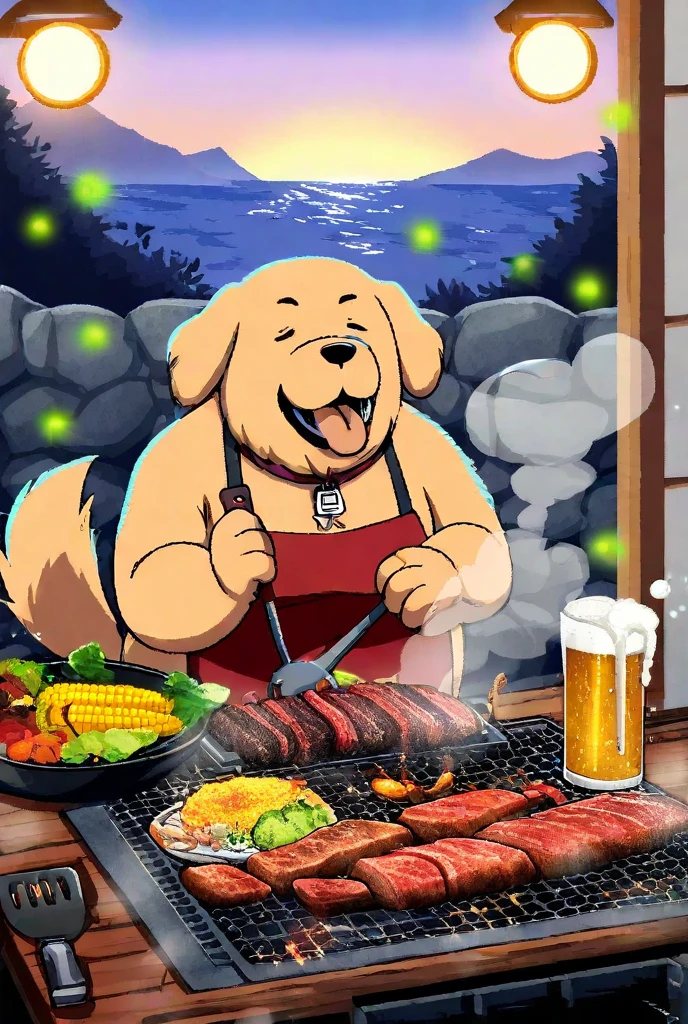 A sizzling summer barbecue scene at dusk, with thick smoke rising from a charcoal grill loaded with juicy ribeye steaks, plump prawns, and rainbow-colored vegetable skewers. The grill master—a bearded man in a 'Kiss the Cook' apron—s burgers with a metal spatula while laughing with friends seated at a rustic wooden picnic table. Golden light from string bulbs illuminates ice-filled coolers of craft beer, homemade potato salad, and corn on the cob wrapped in foil. Fireflies hover over the backyard as a golden retriever begs for scraps near the grill. Ultra-detailed 8K food photography style with crispy texture on meat edges and glistening condensation on drinks.