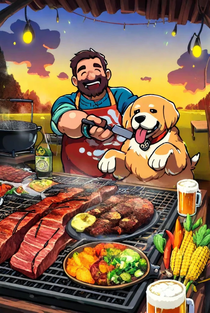 A sizzling summer barbecue scene at dusk, with thick smoke rising from a charcoal grill loaded with juicy ribeye steaks, plump prawns, and rainbow-colored vegetable skewers. The grill master—a bearded man in a 'Kiss the Cook' apron—s burgers with a metal spatula while laughing with friends seated at a rustic wooden picnic table. Golden light from string bulbs illuminates ice-filled coolers of craft beer, homemade potato salad, and corn on the cob wrapped in foil. Fireflies hover over the backyard as a golden retriever begs for scraps near the grill. Ultra-detailed 8K food photography style with crispy texture on meat edges and glistening condensation on drinks.