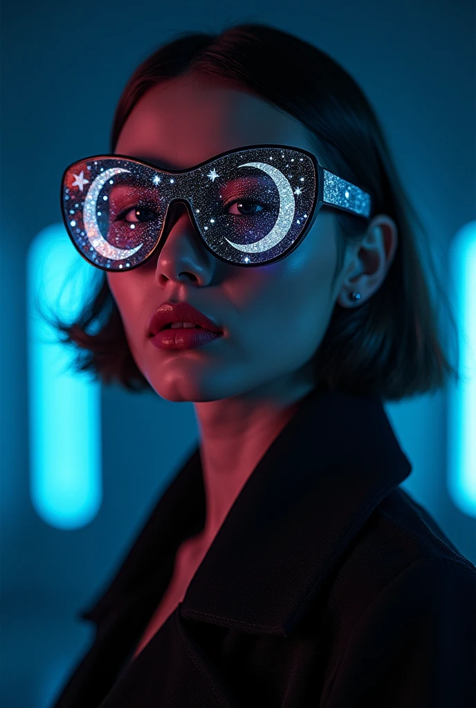 Model wearing glass sunglasses，There are stars and moon on the lens