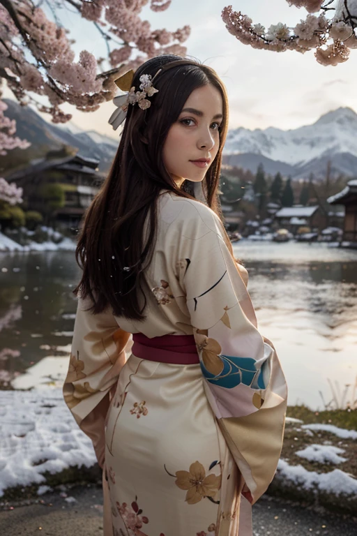 Asuna, masterpiece  , best qualityer, detailed, (1girl), alone, detailed golden eyes,    long hair, perpetual, See it up close , (detailed kimono),  faint smile in the middle , intermediates ,  ( Hand Back), Eau, the setting sun, (head gear), (Sakura blossoms),  in the background is a snow-covered alpine lake