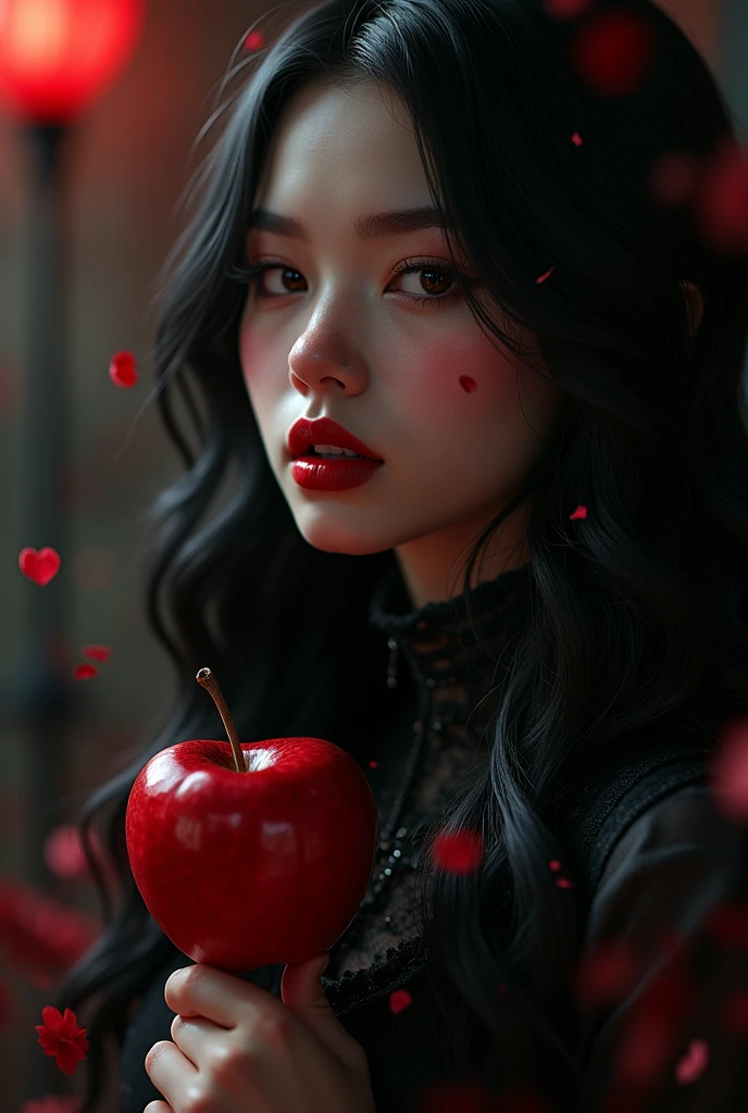 ((RAW photos )，Absurd  ，(Absurd  分辨率))，masterpiece，best qualityer，(Extremely Detailed 8k Unity CG Wallpaper)，(The best illustrations)，(BEST SHADOW)，realistic illumination，Beautiful and Detailed Brilliance ，((21yo))，girl，longblackhair，Black Queen，fittings，Take the apple，Poison apples，The Witch Queen，red lipsticks，(((Her Photographic Perspective)))