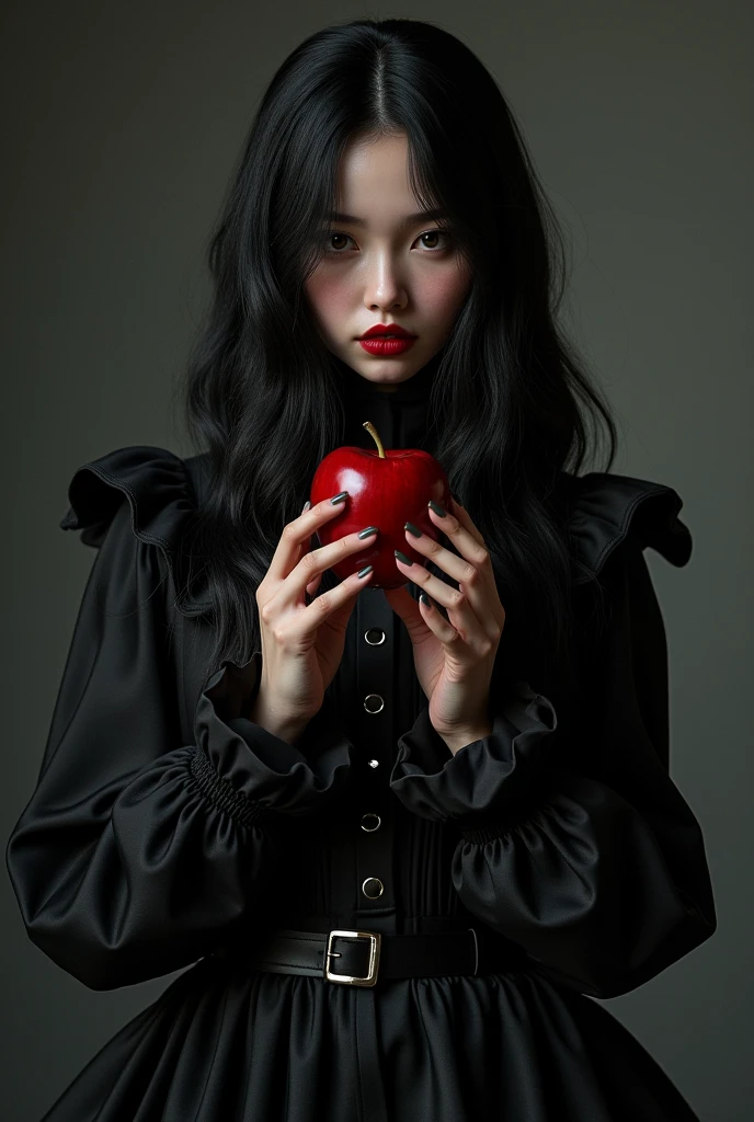 ((RAW photos )，Absurd  ，(Absurd  分辨率))，masterpiece，best qualityer，(Extremely Detailed 8k Unity CG Wallpaper)，(The best illustrations)，(BEST SHADOW)，realistic illumination，Beautiful and Detailed Brilliance ，((21yo))，girl，longblackhair，Black Queen，fittings，Take the apple，Poison apples，The Witch Queen，red lipsticks，(((Her Photographic Perspective)))