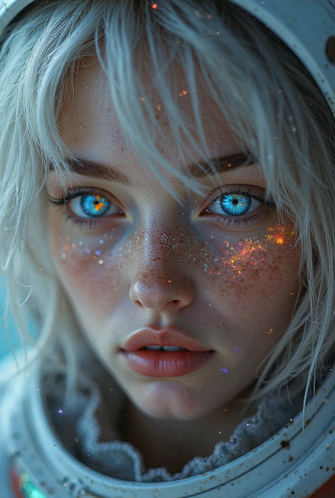 (Close-up of a masterpiece:1.5)0.9]，(Space and astronauts:1.2) (Messy silver hair:1.1) (Heterochromia yellow blue eyes:1.2) (Casque spatial:1.0) (Colorful stars in the eyes:1.0111) (Dazzling light:1.1) (Thick lip:0.9)