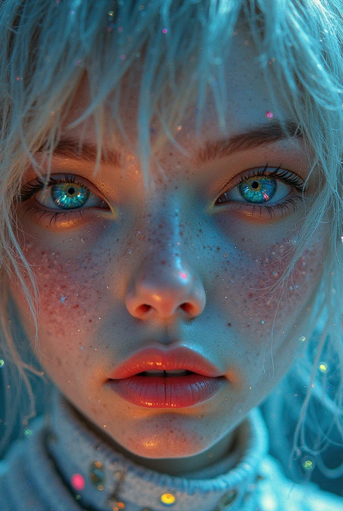 (Close-up of a masterpiece:1.5)0.9]，(Space and astronauts:1.2) (Messy silver hair:1.1) (Heterochromia yellow blue eyes:1.2) (Casque spatial:1.0) (Colorful stars in the eyes:1.0111) (Dazzling light:1.1) (Thick lip:0.9)