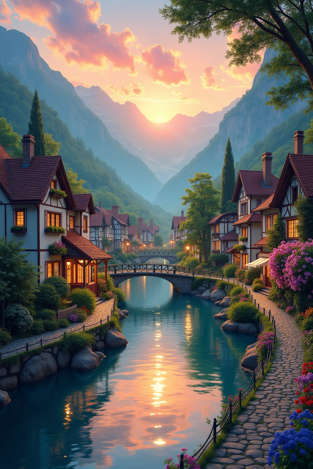 , a small riverside village,The background is mountains,Flowers bloom,Vivid colors,Detailed scenery,Beautiful natural landscape,Ambiance Lighting,Scorching sunset,a warm color palette,utility,utility摄影,Delicate leaves,Complex architecture , cobblestone streets , charming country cottages , swirling bright colors, dense vegetation ,Still water reflections,picturesque,Leisure and tranquility,artwork of a,Best quality,8k,Extremely detailed,anime style