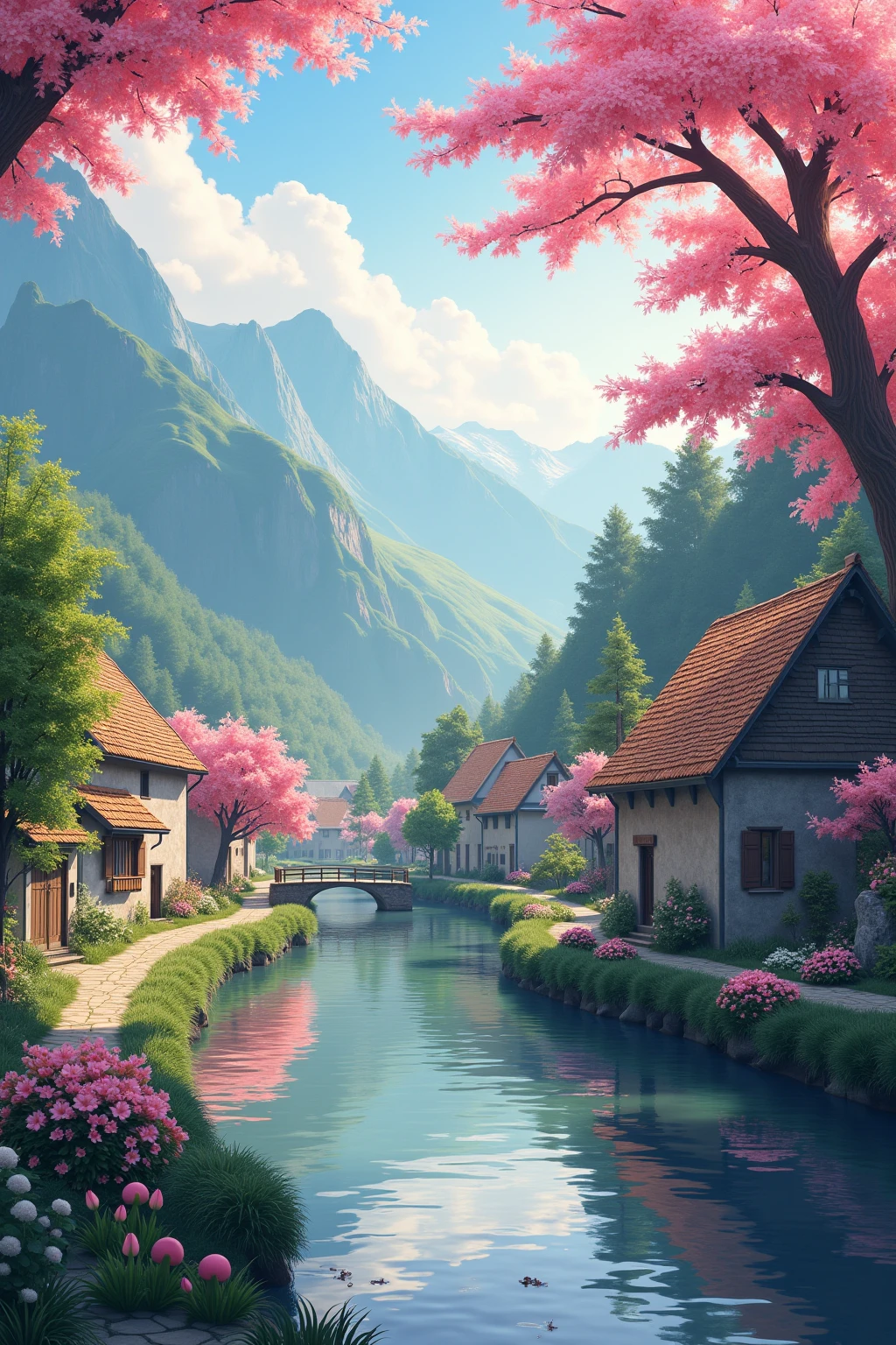 , a small riverside village,The background is mountains,Flowers bloom,Vivid colors,Detailed scenery,Beautiful natural landscape,Ambiance Lighting,Scorching sunset,a warm color palette,utility,utility摄影,Delicate leaves,Complex architecture , cobblestone streets , charming country cottages , swirling bright colors, dense vegetation ,Still water reflections,picturesque,Leisure and tranquility,artwork of a,Best quality,8k,Extremely detailed,anime style