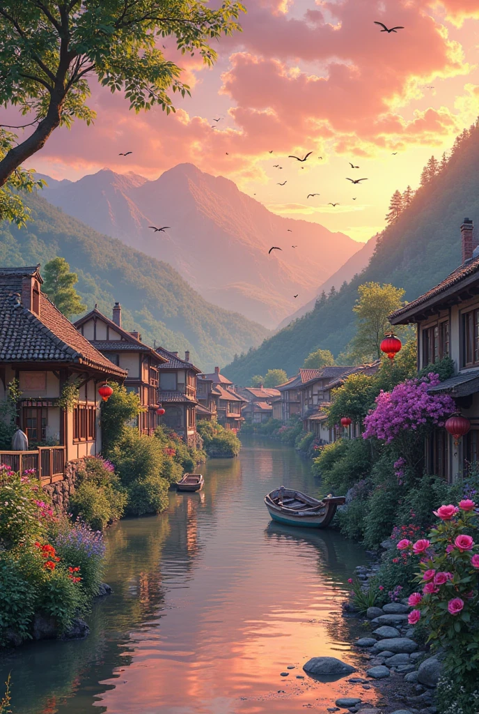 , a small riverside village,The background is mountains,Flowers bloom,Vivid colors,Detailed scenery,Beautiful natural landscape,Ambiance Lighting,Scorching sunset,a warm color palette,utility,utility摄影,Delicate leaves,Complex architecture , cobblestone streets , charming country cottages , swirling bright colors, dense vegetation ,Still water reflections,picturesque,Leisure and tranquility,artwork of a,Best quality,8k,Extremely detailed,anime style