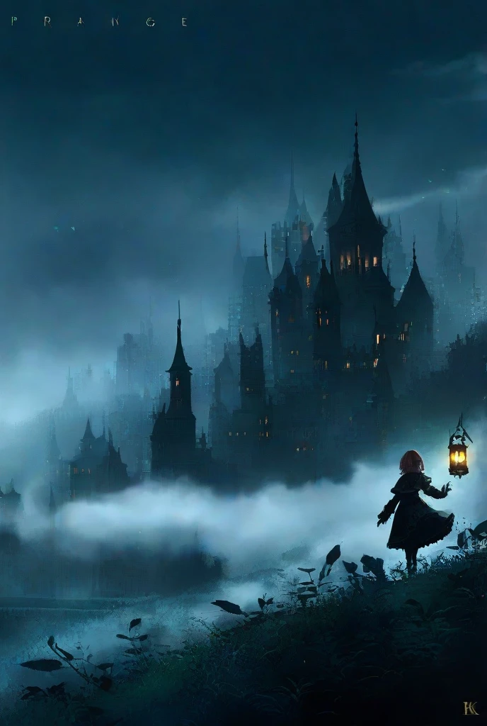 A girl with a lantern walks through a foggy moor at ht, mist swirling around her dress. Strange shapes flicker at the edge of the fog. Painted in gothic fantasy style, rim-lit fog effects, eerie lighting, and narrative mystery. Ultra-detailed, 8k storytelling render.