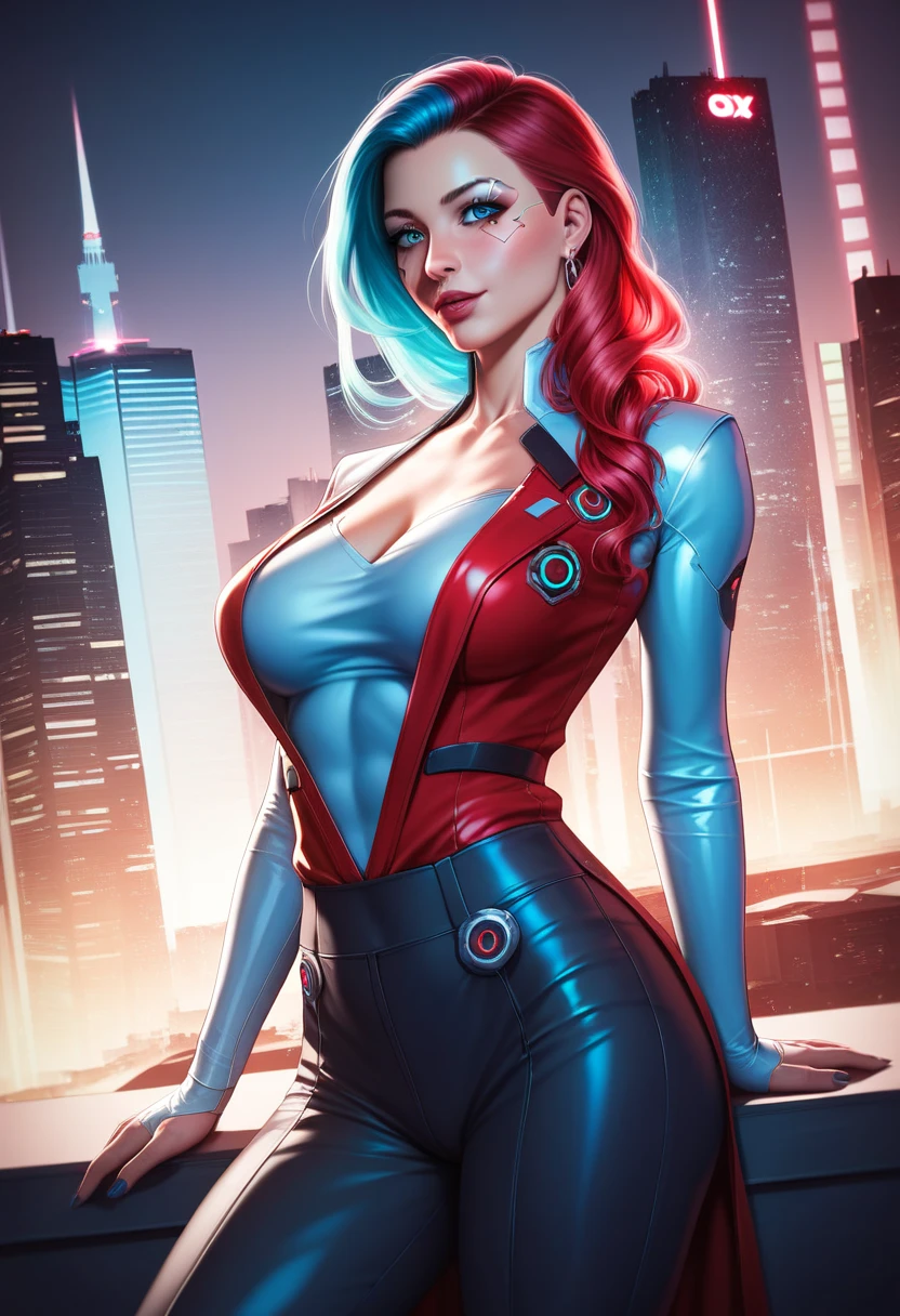 masterpiece, best quality, highly detailed, 8k uhd, professional lighting,
(split scene: on the left side: a elegant woman with flowing red hair in a crimson dress against a warm sunset background),
(on the right side: a futuristic woman with electric blue hair in a cyan cyberpunk outfit against a cool neon cityscape),
perfect composition, studio lighting, volumetric lighting, ray tracing,
center dividing line with flowing energy,
intricate details, photorealistic, hyperrealistic,
professional color grading, vivid colors, color theory, complementary colors