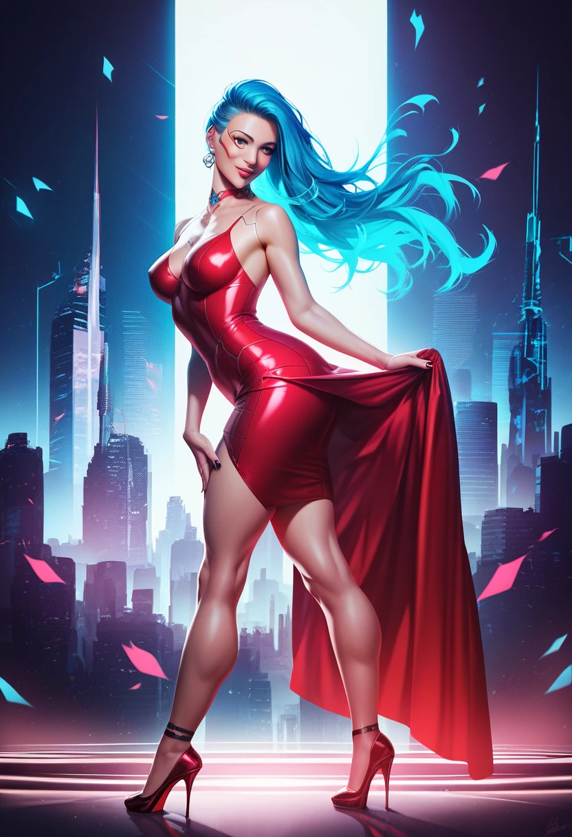masterpiece, best quality, highly detailed, 8k uhd, professional lighting,
(split scene: on the left side: a elegant woman with flowing red hair in a crimson dress against a warm sunset background),
(on the right side: a futuristic woman with electric blue hair in a cyan cyberpunk outfit against a cool neon cityscape),
perfect composition, studio lighting, volumetric lighting, ray tracing,
center dividing line with flowing energy,
intricate details, photorealistic, hyperrealistic,
professional color grading, vivid colors, color theory, complementary colors