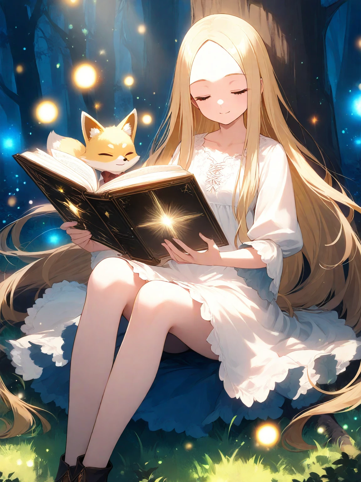 masterpiece, best quality, highly detailed,
beautiful blonde girl in white dress reading a book, long flowing golden hair, peaceful expression, closed eyes, gentle smile,
sitting under a magical glowing tree, ethereal blue lighting, bioluminescent branches,
mystical forest background, dark blue atmosphere,
magical particles, floating light orbs, god rays through trees,
small fox companion, forest creatures,
soft volumetric lighting, depth of field, bokeh effects,
dreamy atmosphere, fantasy elements,
intricate details, delicate features,
studio quality lighting, professional color grading