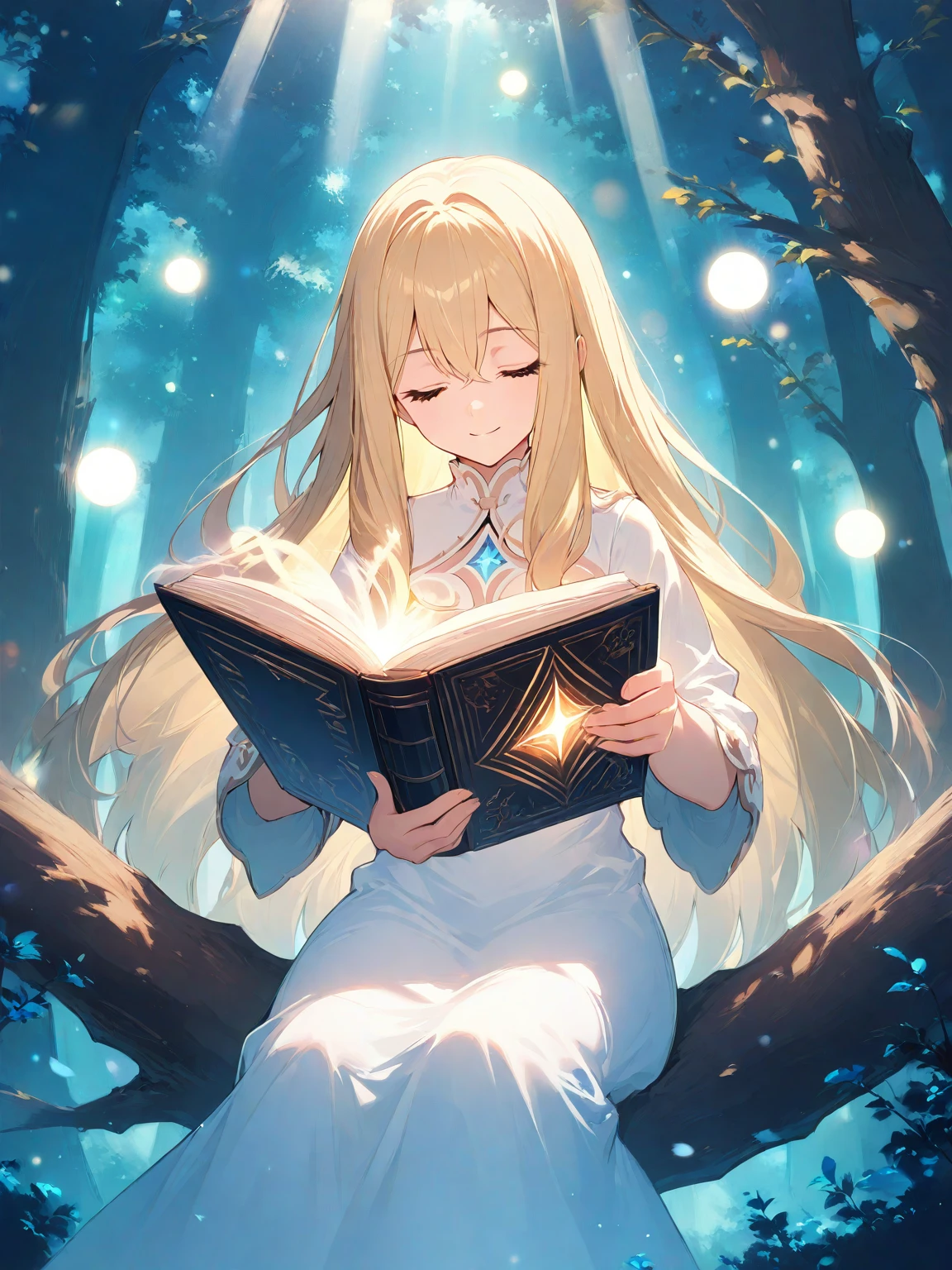 masterpiece, best quality, highly detailed,
beautiful blonde girl in white dress reading a book, long flowing golden hair, peaceful expression, closed eyes, gentle smile,
sitting under a magical glowing tree, ethereal blue lighting, bioluminescent branches,
mystical forest background, dark blue atmosphere,
magical particles, floating light orbs, god rays through trees,
small fox companion, forest creatures,
soft volumetric lighting, depth of field, bokeh effects,
dreamy atmosphere, fantasy elements,
intricate details, delicate features,
studio quality lighting, professional color grading