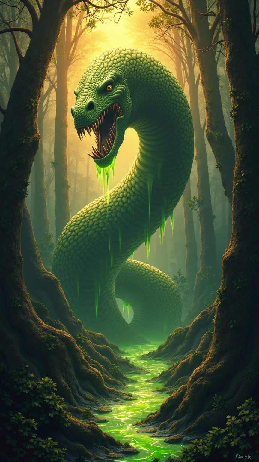 Imagine a snake-like creature slithering through the murky waters of a medieval dark fantasy swamp. Its scales shimmer with a sickly green hue, blending seamlessly with the algae-covered surface of the swamp. The creature's eyes, glowing with an eerie yellow light, survey its domain with predatory cunning.

Coiled around decaying roots and half-submerged logs, the creature's sinuous body moves with fluid grace, leaving ripples in the water that distort the reflection of twisted trees draped in hanging moss. Its forked tongue flickers in and out, tasting the stagnant air heavy with the scent of decay and damp earth.

At the creature's head, a crown of sharp, ivory-like protrusions curves menacingly above its sinisterly smiling maw. Venom drips from its fangs, mingling with the fetid water below. In the distance, eerie mist hangs low over the swamp, adding to the oppressive atmosphere of this forsaken realm.

Capture the ominous presence and primal danger of this snake creature in the medieval dark fantasy swamp, where legends whisper of its elusive nature and unwary travelers vanish without a trace.
