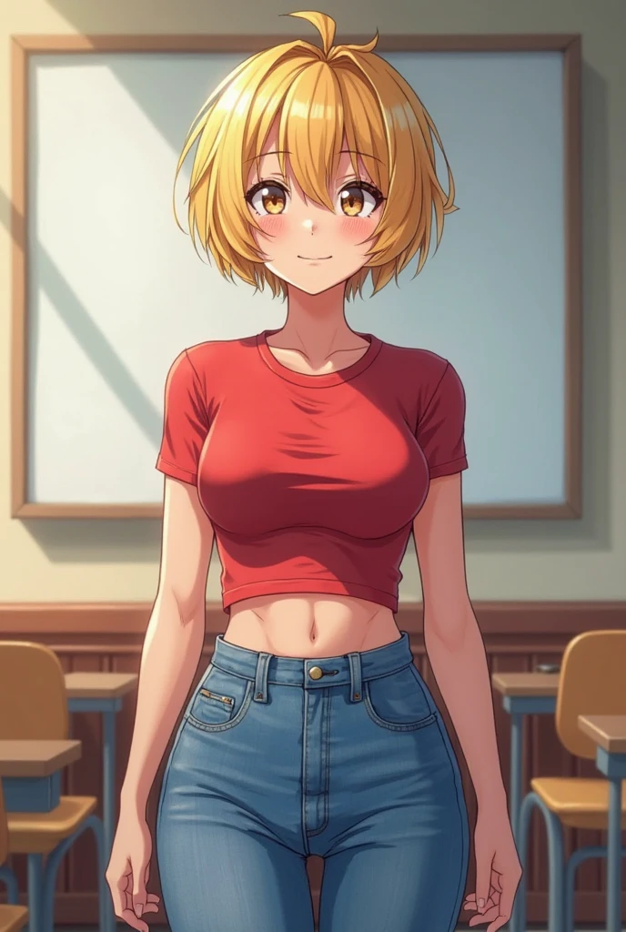 Rabbit girl High school student ,solo, female, blonde hair, blue eyes, smiling, big breasts, slim, small waist, small hips, American high school, cropped sweater, hands behind back, happy, looking at viewer, high quality