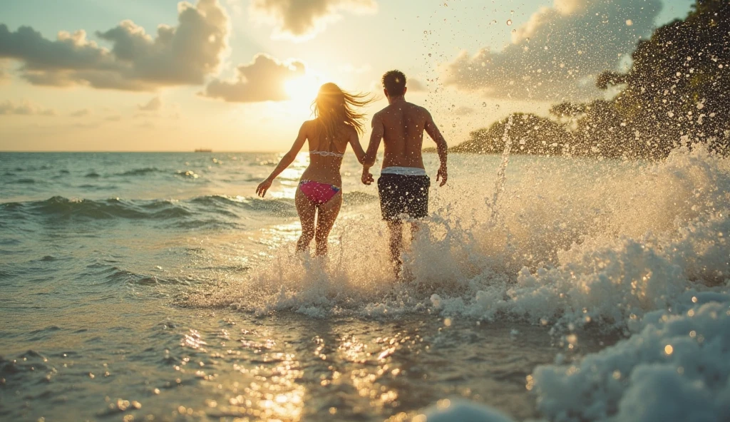A couple running naked throw the sea, chasing the sunset.