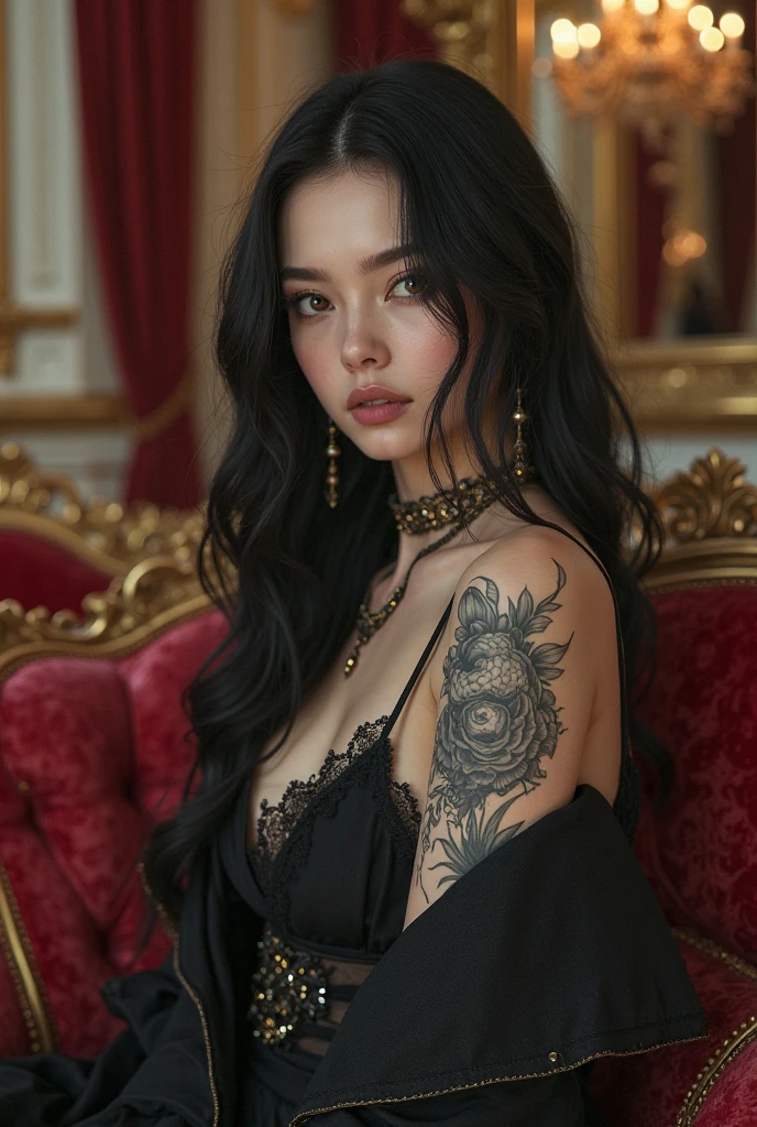 a beautiful young girl, 4k, ultra detailed, intricate tattoos, smoke, expressive beautiful face, long eyelashes, wearing a white crop and extra mini skirt white, wearing fantasy white high heels, sitting on a white throne, crossed legs, sexy, flawless makeup,shiny skin,young,