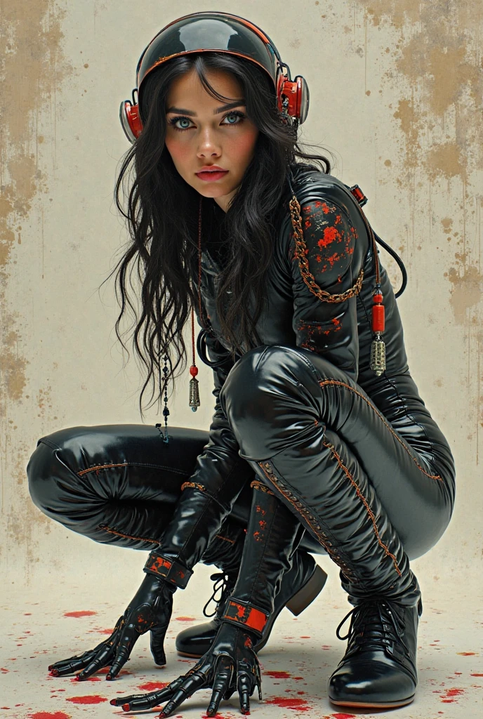 dark haired emo girl in orange leather clothes, black studded belt, studded bracelet, boots with buckles, studded collar, leather harness,