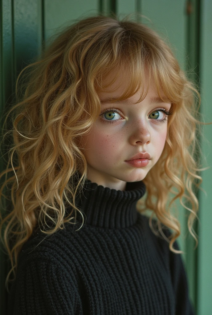 (One lady)、"Full length portrait of attractive 7 year old girl with curly hay colored hair, Hairstyles in the late 80s, small freckles, Beautiful face, Seductive dark blue eyes, and moderate ?????? size, Show off your natural beauty."