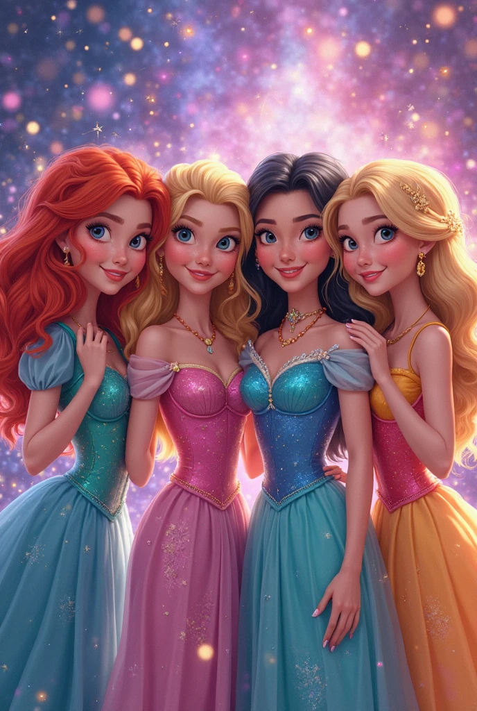 ((Full body photo, standing, feet on the floor)) Sleeping Beauty in pink lingerie, Ariel in blue lingerie and Belle in yellow lingerie. the 3 friends at a sleepover having fun, talking and laughing