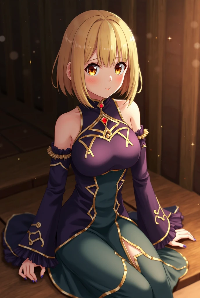 Illustration, detailed illustration, dynamic angle, ultra-detailed, 1girl, elf, beautiful, sexy, short blonde hair, purple eyes, slave, castle background, submissive posture, submissive pose, submissive, slave robes, slave collar, medium breasts, cleavage, head down, looking at viewer, challenging eyes