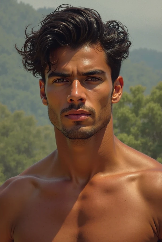 photo of a stunning handsome Brazilian man, honey eyes, short messy windy light brown hair, flipping hair, closeup zoomed in tight crop portrait, walking down a (paradisiacal beach scene:1.2) wearing a (linen pants no shirt:1.3) (beach slippers on his hand:1.3) (Lighting-Gold:1.2) foreground objects background details (masterpiece:1.2) (photorealistic:1.2) (bokeh:1.2) (best quality) (color grading) (detailed skin:1.3) (intricate) (8k) (HDR) (cinematic lighting:1.3) (sharp focus), messy windy hair