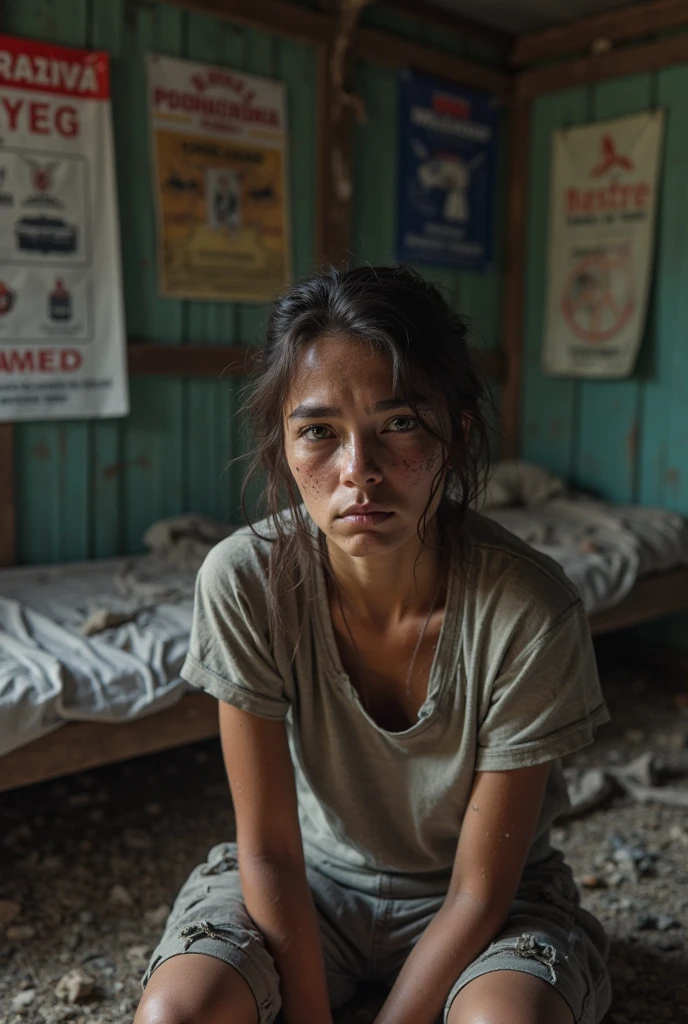 Sad crying sitting in the corner of the kitchen, worn Brazilian t-shirt, poverty, famine, misery, dirty body without showering, thousands of large insects flying in motion.