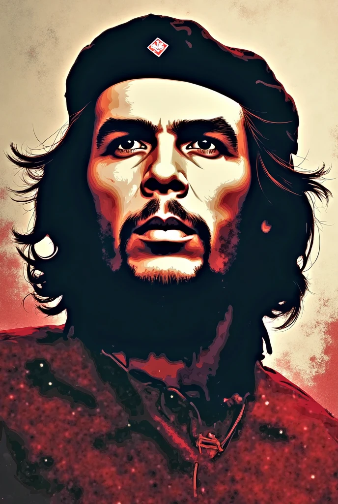 Develop an epic, realistic artwork that depicts Che Guevara as a powerful yet human figure, incorporating religious elements reminiscent of ancient Catholic paintings. Art must convey fear to capitalist oppressors and inspire hope in the oppressed working class. Imagine a large-scale painting with Che Guevara in the center, highlighted by an aura of divine light. He is portrayed with strong and expressive traits, evidencing his determination and courage. His gaze is intense, conveying a mixture of seriousness and compassion. Around Che Guevara, there is a scene of struggle and resistance. Ordinary people, representing the working class, are united in a demonstration of solidarity. Their expressions range from suffering to hope, as they face capitalist oppressors symbolized by dark, stiffened figures.