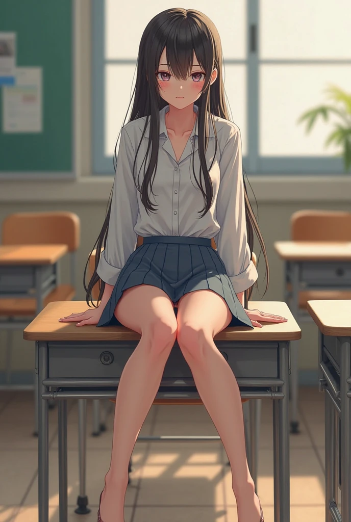 ultra - detailed, A high resolution, (actual, realistically: 1.4), 8K, RAW photos, (On a table), (Best quality), physically-based renderingt, college girl, Long brown hair, Korea, sea beach, unbutton your socks,look at them_The white_The shirt