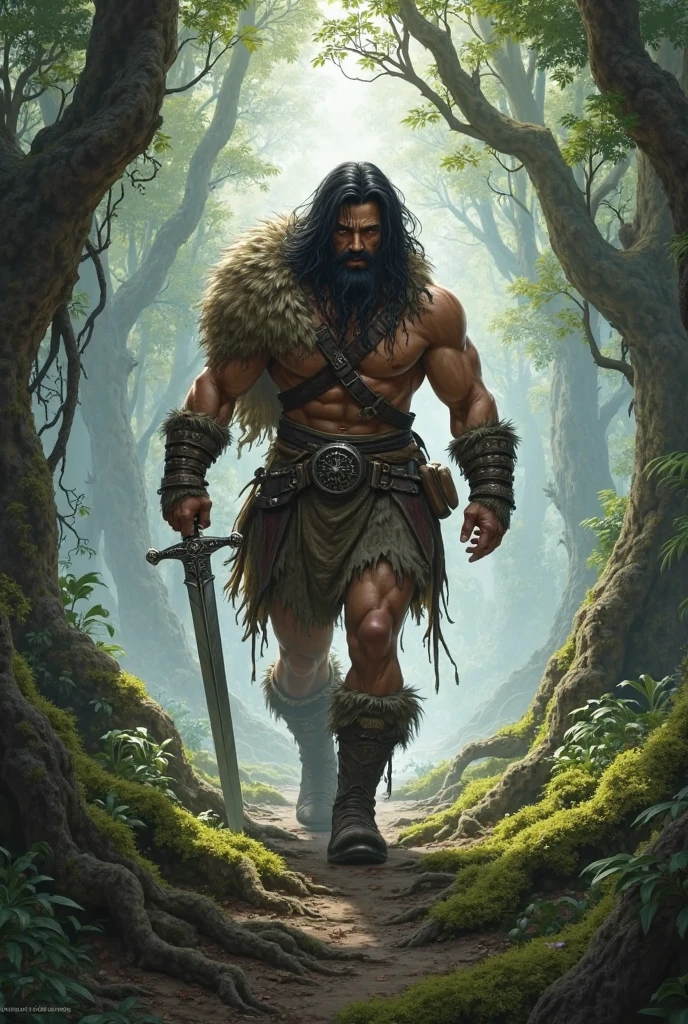 (1boy) (male) ((front view)) ((facing viewer)) Neanderthal man, detailed open eyes, epic, heroic, (muscular) ((brown skin:1.2)), ((long black dreadlock hair:1.2)), ((big muscles)), ((large pectorals)), narrow waist, ((hairy chest)), ((hairy legs)). (((wearing animal fur loincloth:1.4))), (bare arms), carrying a wooden spear. Emerging from a (dark cave) entrance. Early morning, Coniferous forest, patches of snow, Highly detailed fantasy art, dramatic volumetric light, artstation, beautiful modern fantasy illustration, photorealistic