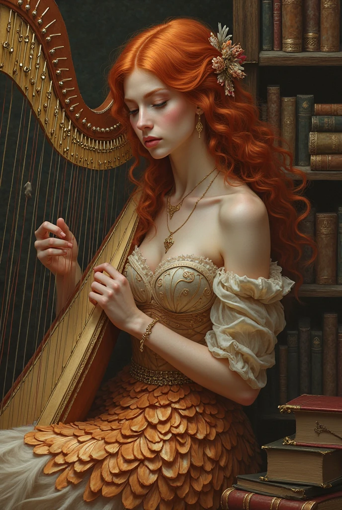 A fantasy, beautiful girl playing Harp, she's wearing a transparent dress, she has large breast and long ginger hair, her dress is very low cut revealing clearage, she is wearing emeralds and silver jewels, she is the most beautiful girl in the world, photo graphic quality,
