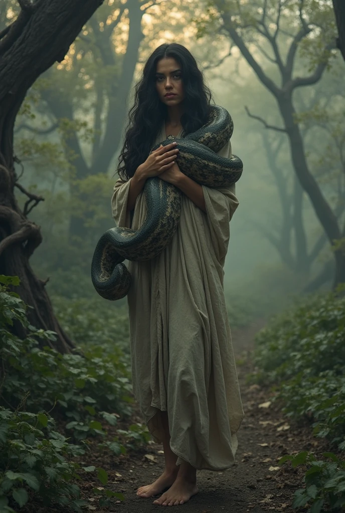 Black woman Orisha, peach colored dress, with a green snake wrapped around his arm in the middle of a fog